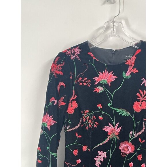 Aidan Mattox Black Velvet Floral Embroidered Dress Sz 6 Romantic Witchy Goth - Picture 3 of 6
